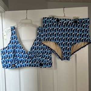 ELOQUII Button Detail High Waisted Geo Sailing Swimsuit